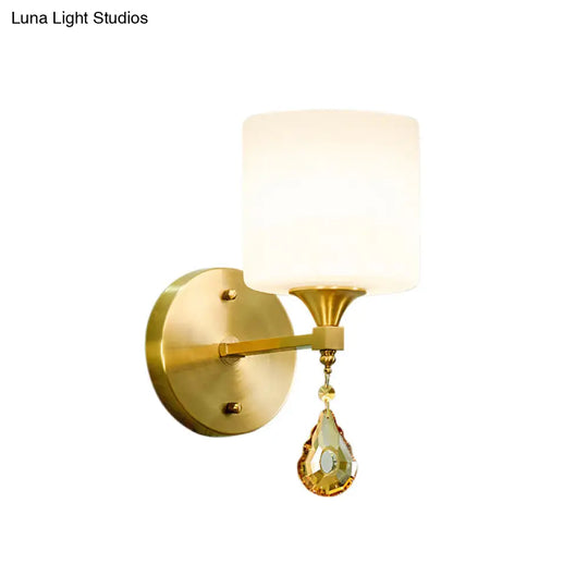 Nordic Style Frosted Glass Wall Lamp With Amber Crystal Drop In Brass