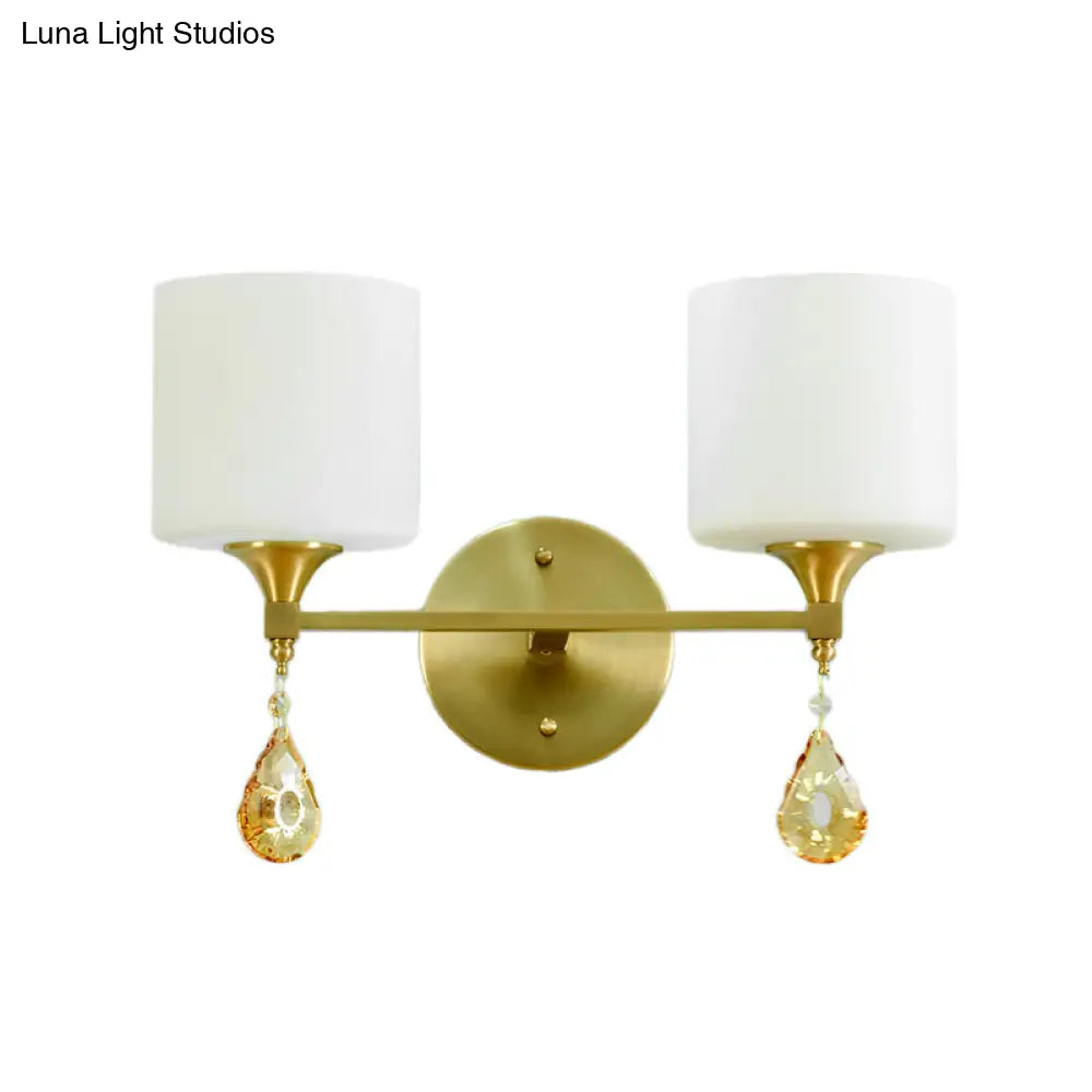 Nordic Style Frosted Glass Wall Lamp With Amber Crystal Drop In Brass