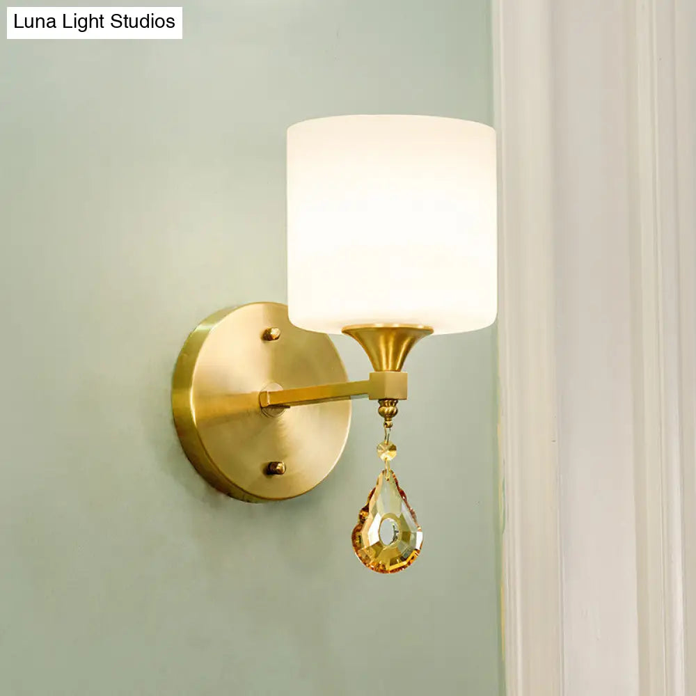 Nordic Style Frosted Glass Wall Lamp With Amber Crystal Drop In Brass