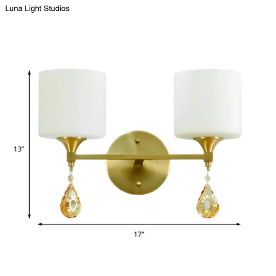 Nordic Style Frosted Glass Wall Lamp With Amber Crystal Drop In Brass