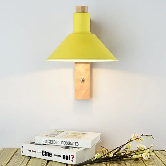 Nordic Style Funnel Study Room Wall Sconce - Wood Metal 1 Light Undertint Yellow