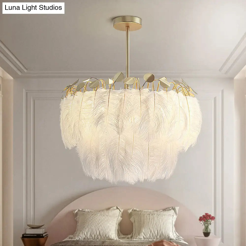 Nordic Style Feather Round Chandelier Light - Gold Pendant Fixture For Nursery