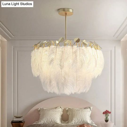 Nordic Style Feather Round Chandelier Light - Gold Pendant Fixture For Nursery