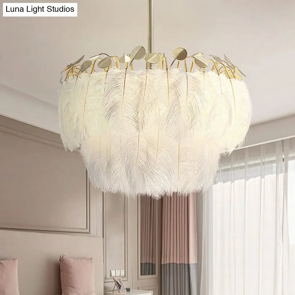 Nordic Style Feather Round Chandelier Light - Gold Pendant Fixture For Nursery / 2 Tiers