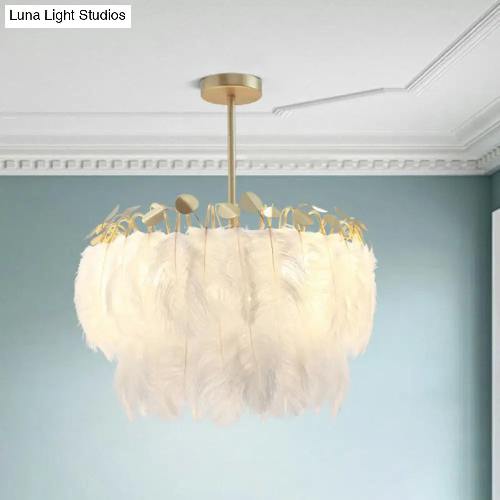 Nordic Style Feather Round Chandelier Light - Gold Pendant Fixture For Nursery