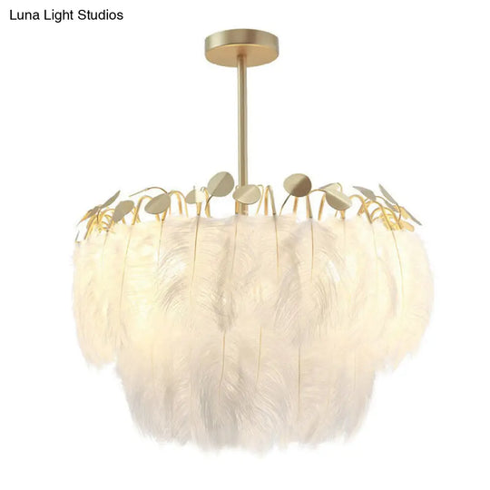 Nordic Style Feather Round Chandelier Light - Gold Pendant Fixture For Nursery