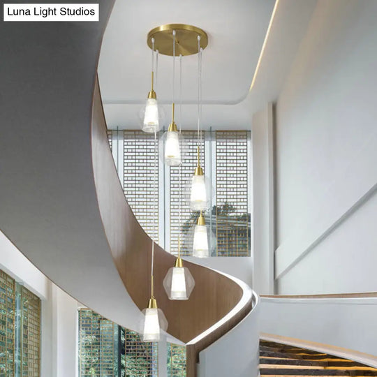 Nordic Style Gold Suspension Multi Ceiling Light With Clear Handblown Glass Shades For Staircase