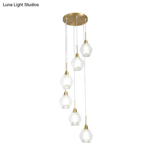 Nordic Style Gold Suspension Multi Ceiling Light With Clear Handblown Glass Shades For Staircase