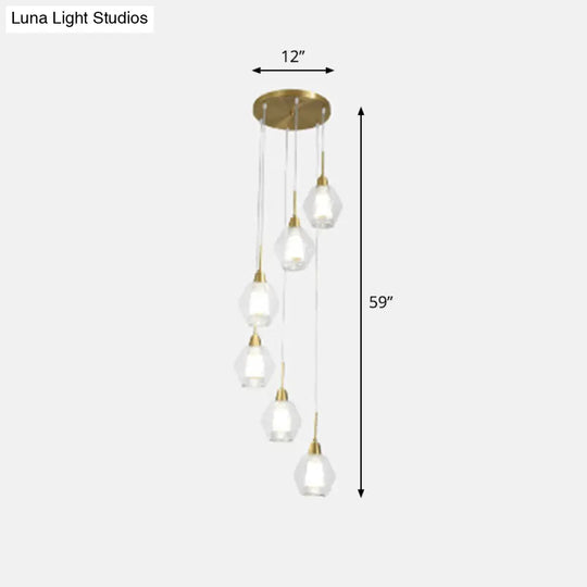 Gold Nordic Suspended Ceiling Light With Clear Handblown Glass Shade For Staircase 6 / Warm