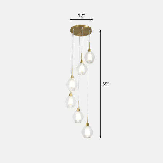 Nordic Style Gold Suspension Multi Ceiling Light With Clear Handblown Glass Shades For Staircase 6