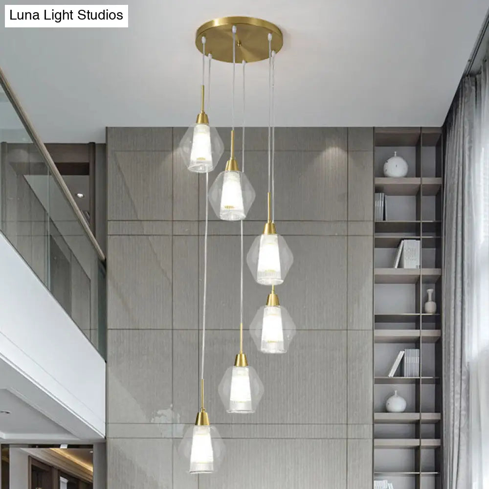 Nordic Style Gold Suspension Multi Ceiling Light With Clear Handblown Glass Shades For Staircase