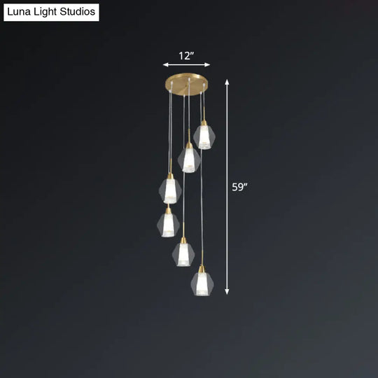 Nordic Style Gold Suspension Multi Ceiling Light With Clear Handblown Glass Shades For Staircase