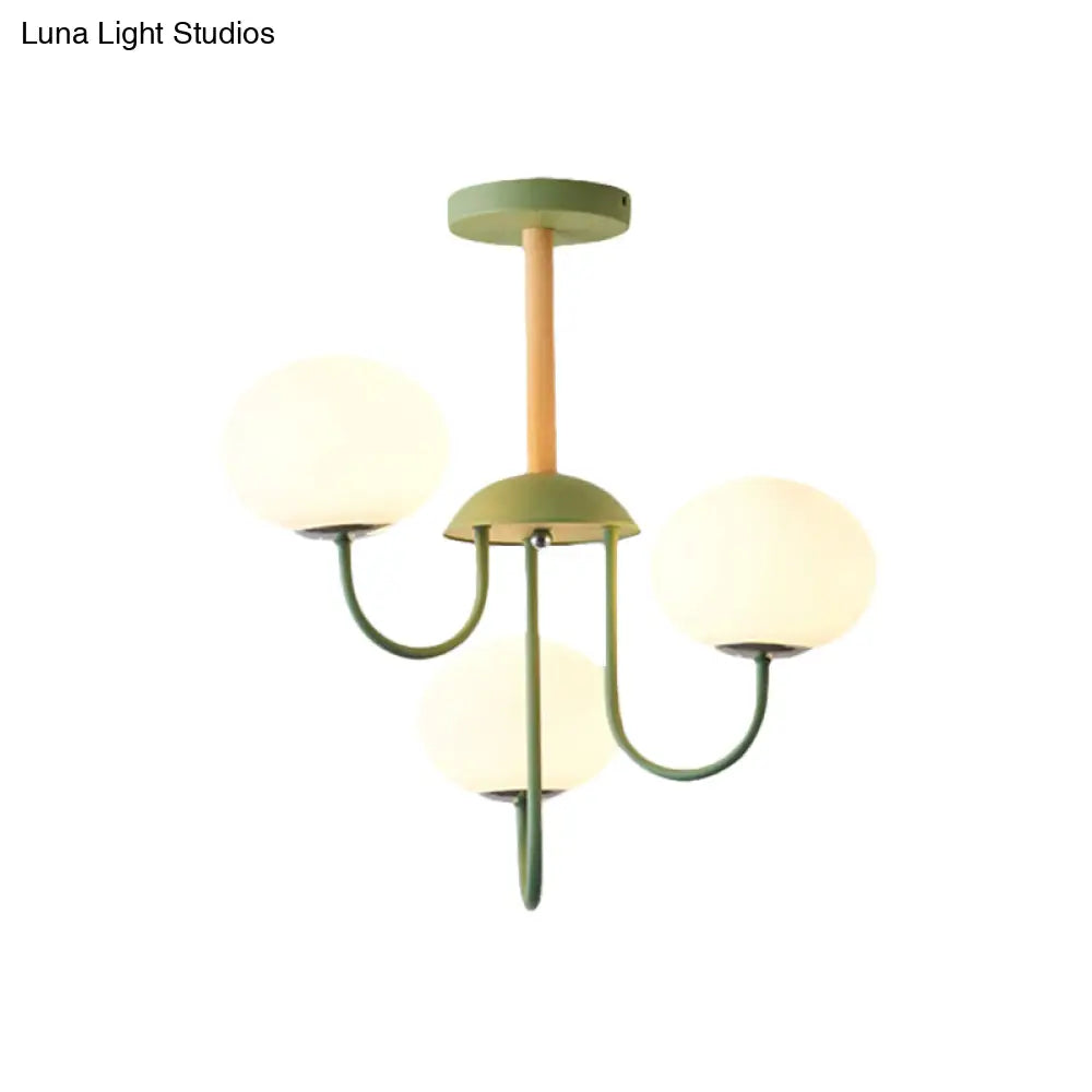 Nordic Style Gray/Green Chandelier Light Fixture With Dome White Glass Shade - 3/5 Lights Living