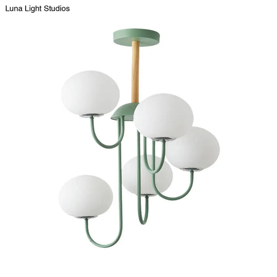 Nordic Style Gray/Green Chandelier Light Fixture With Dome White Glass Shade - 3/5 Lights Living