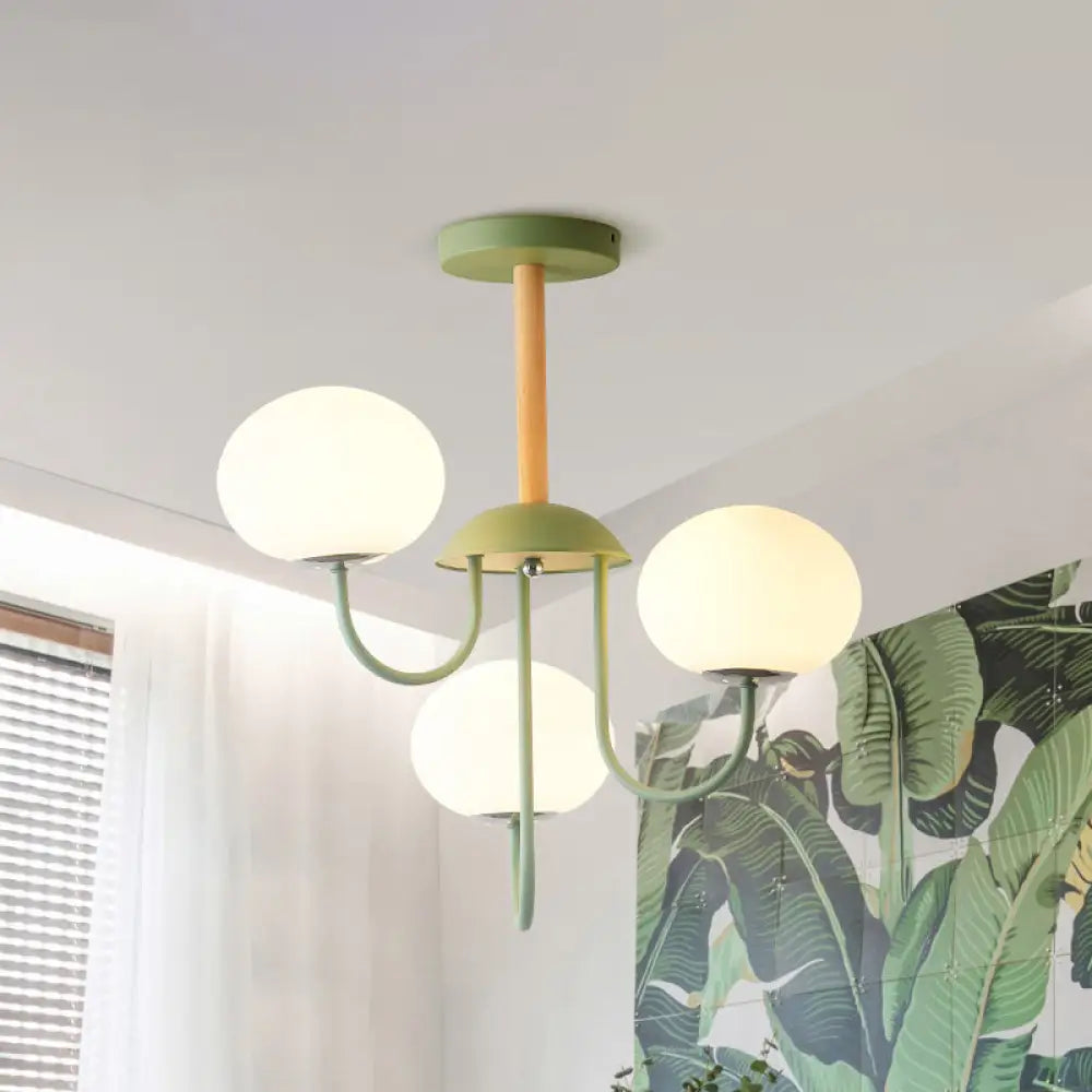 Nordic Style Gray/Green Chandelier Light Fixture With Dome White Glass Shade - 3/5 Lights Living