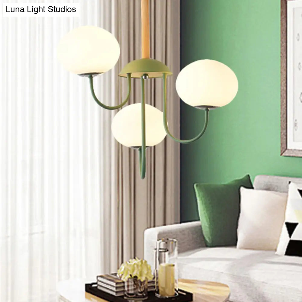 Nordic Style Gray/Green Chandelier Light Fixture With Dome White Glass Shade - 3/5 Lights Living