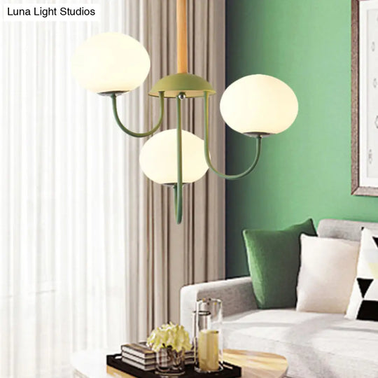 Nordic Style Gray/Green Chandelier Light Fixture With Dome White Glass Shade - 3/5 Lights Living