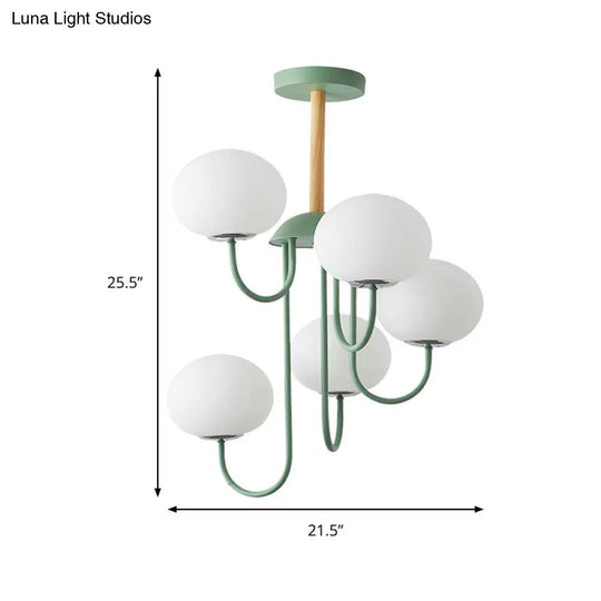 Nordic Style Gray/Green Chandelier With Dome White Glass Shade - 3/5 Lights Living Room Hanging Lamp