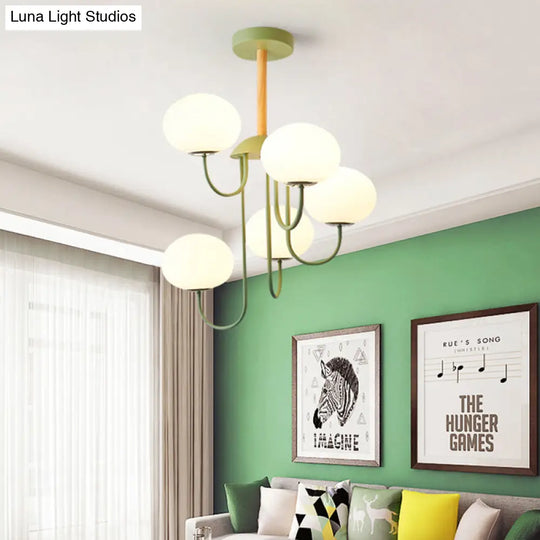 Nordic Style Gray/Green Chandelier Light Fixture With Dome White Glass Shade - 3/5 Lights Living