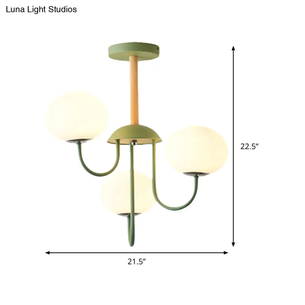 Nordic Style Gray/Green Chandelier With Dome White Glass Shade - 3/5 Lights Living Room Hanging Lamp