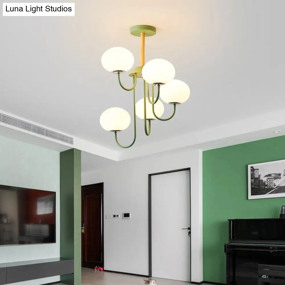 Nordic Style Gray/Green Chandelier Light Fixture With Dome White Glass Shade - 3/5 Lights Living