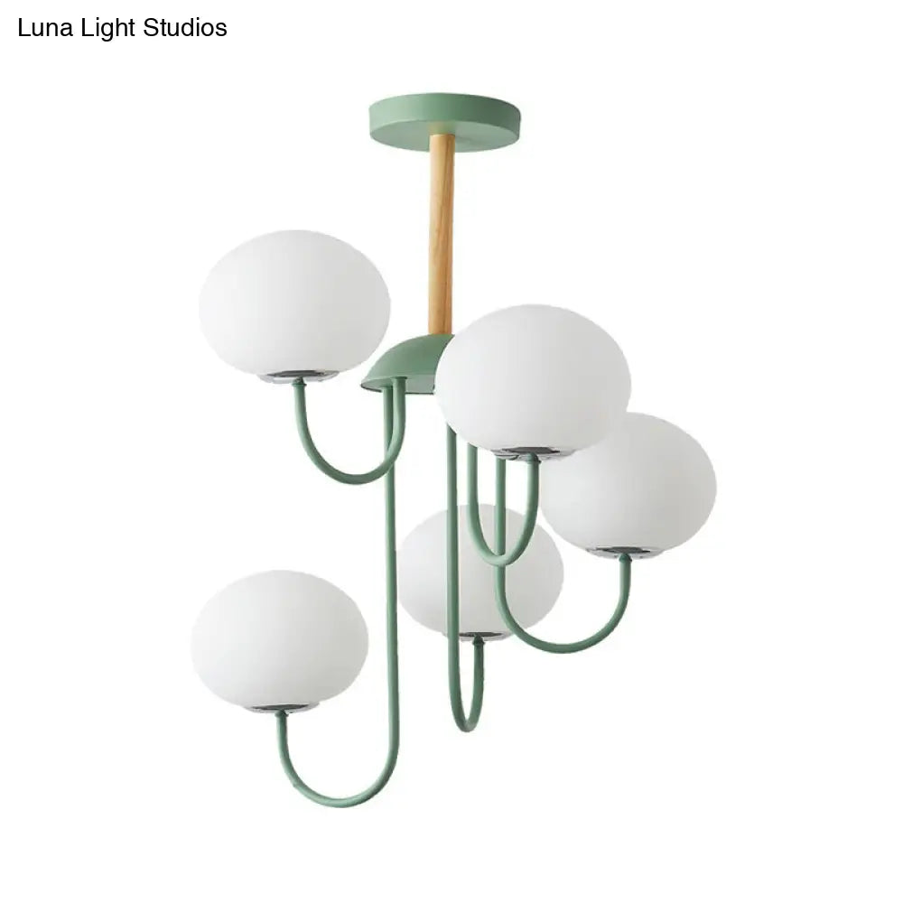 Nordic Style Gray/Green Chandelier With Dome White Glass Shade - 3/5 Lights Living Room Hanging Lamp