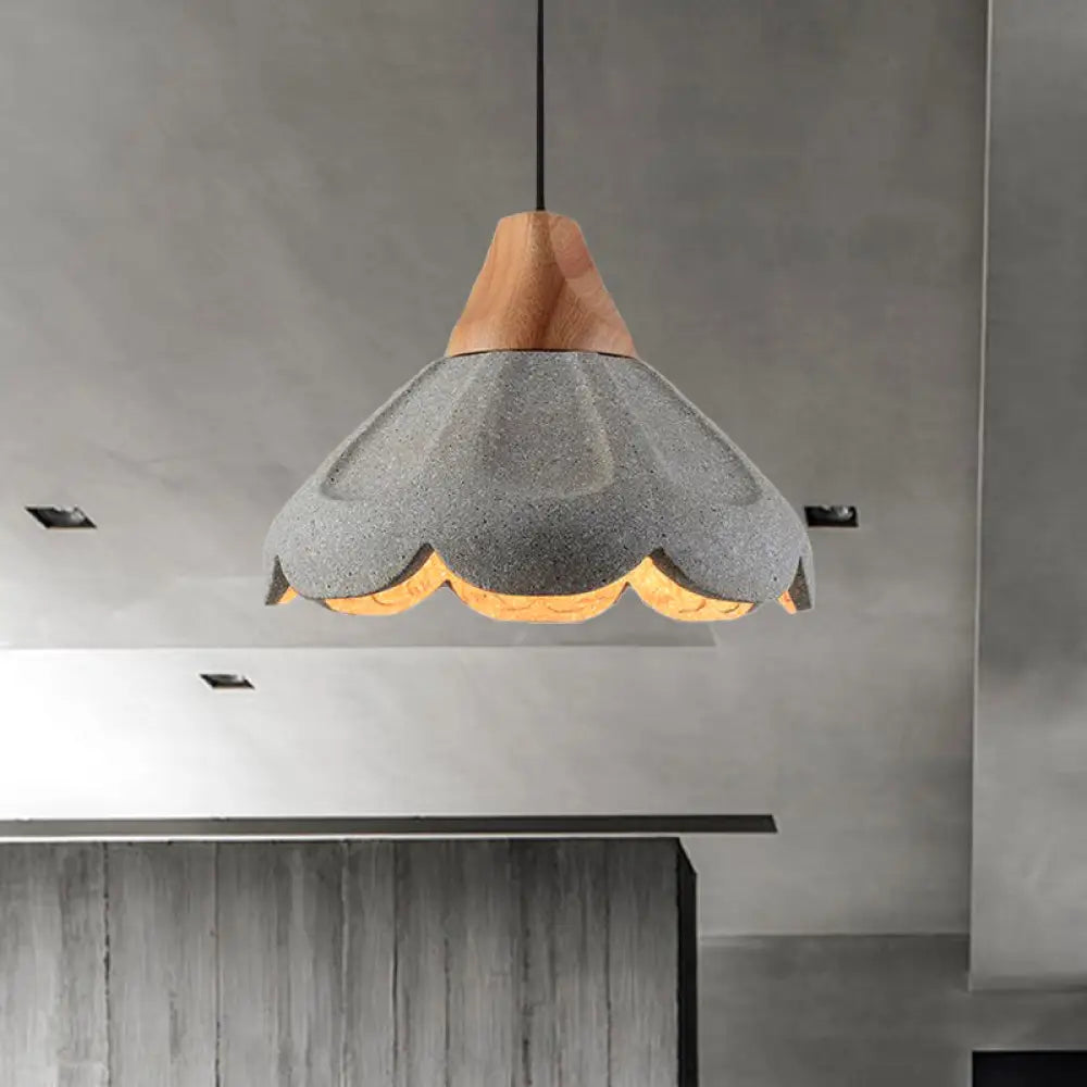 Nordic Style Grey Pendant Lighting - Scalloped Concrete Hanging Light With Wooden Cap For