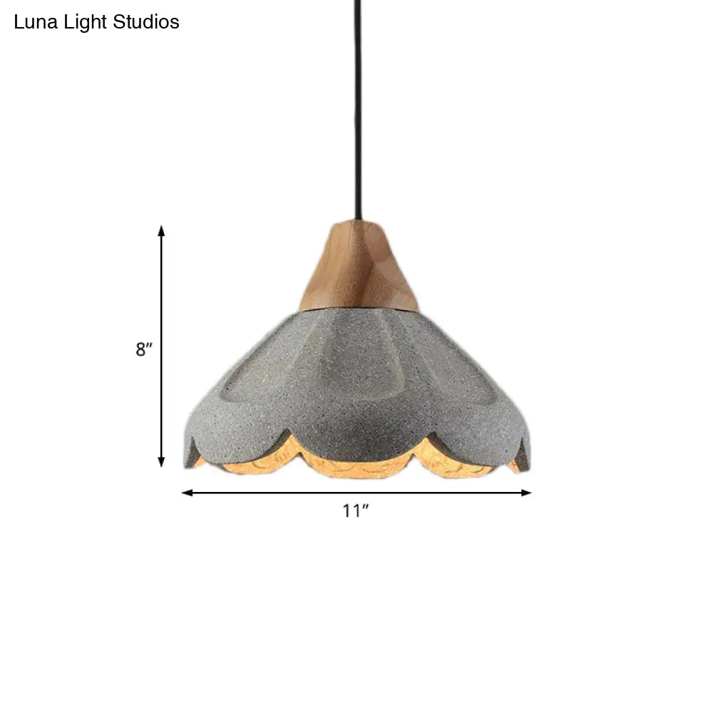Nordic Style Grey Pendant Lighting - Scalloped Concrete Hanging Light With Wooden Cap For