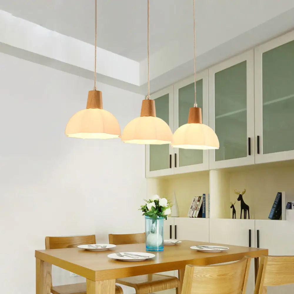 Nordic Style Half-Sphere Ceiling Lamp - White Glass 3 Bulb Suspension Light Fixture For Dining Room