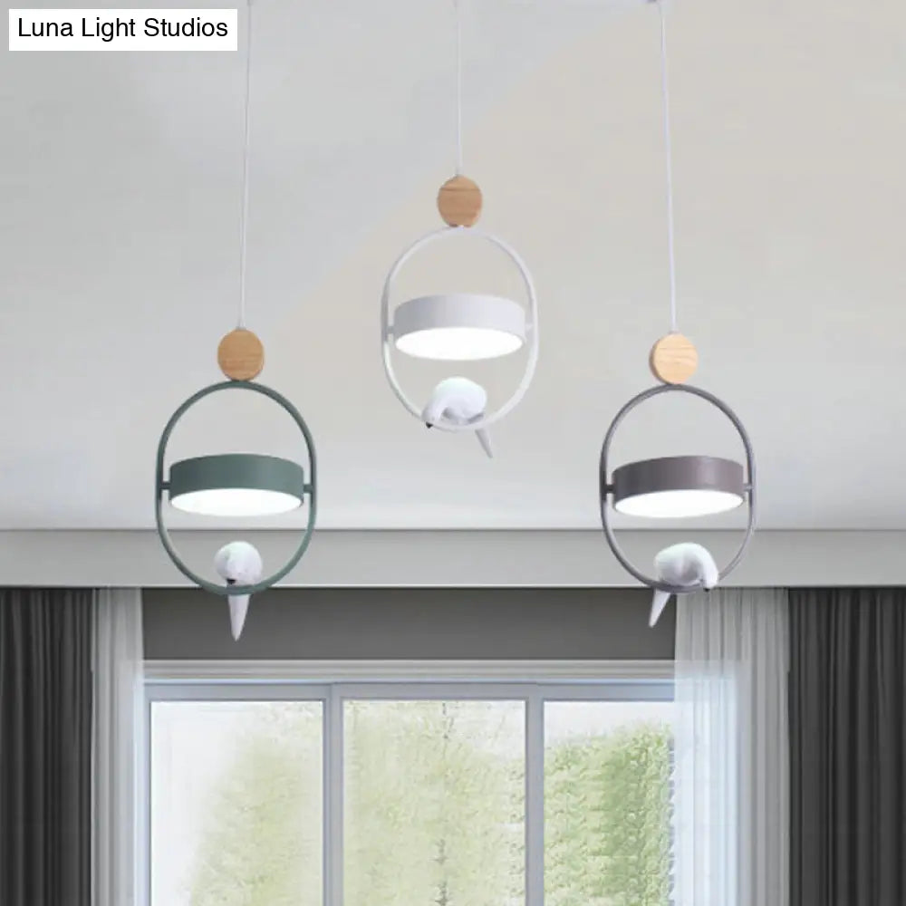 Nordic Style Hanging Lamp With Bird Decor And Round Shade In White/Grey/Green - Metal Single Bedside