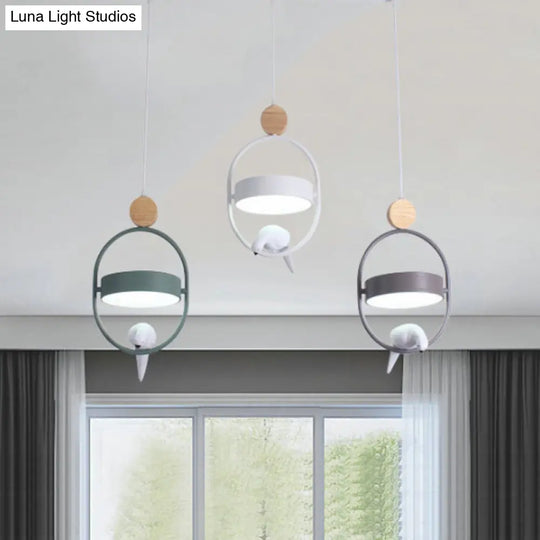 Nordic Style Hanging Lamp With Bird Decor And Round Shade In White/Grey/Green - Metal Single Bedside