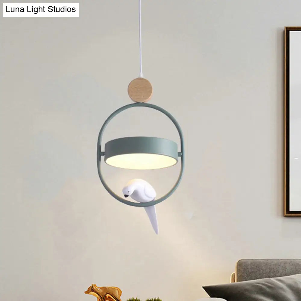 Nordic Style Hanging Lamp With Bird Decor And Round Shade In White/Grey/Green - Metal Single Bedside