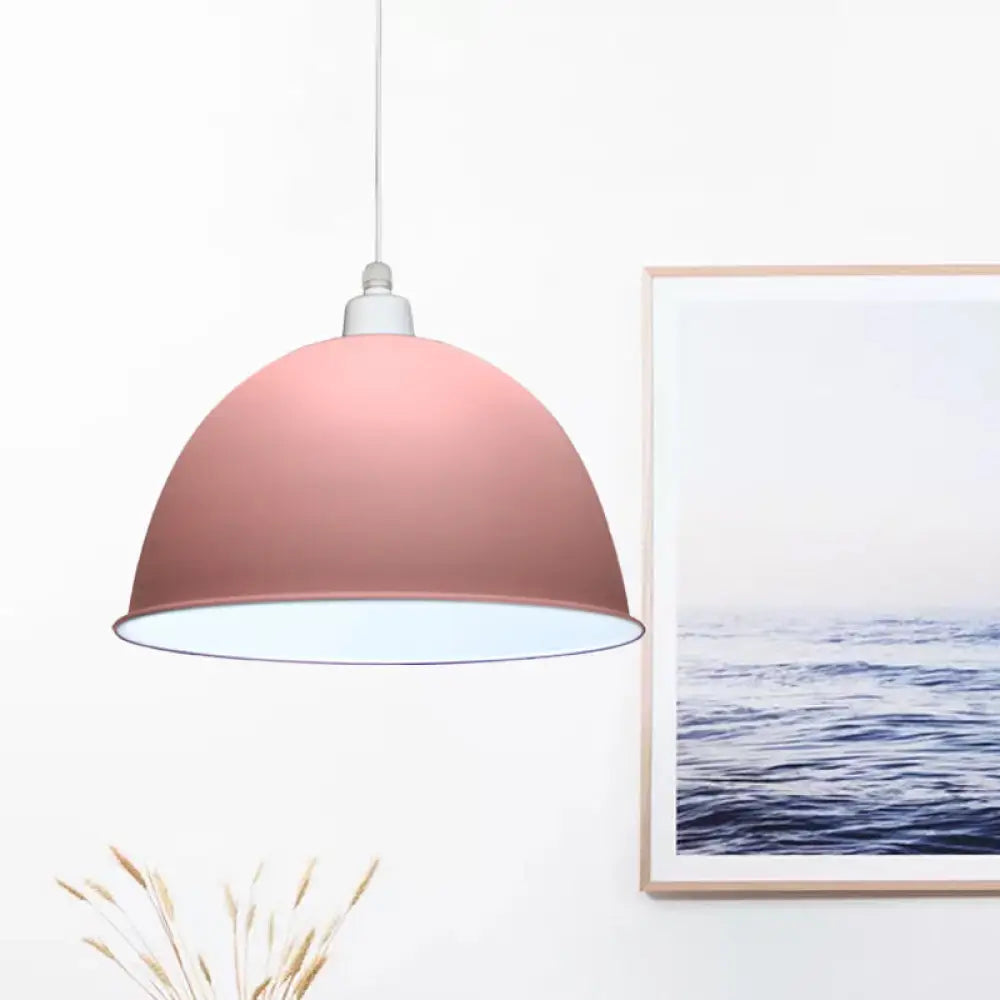 Nordic Style Hanging Pendant Lamp - Grey/Pink Suspended Light With Metal Dome Shade Pink