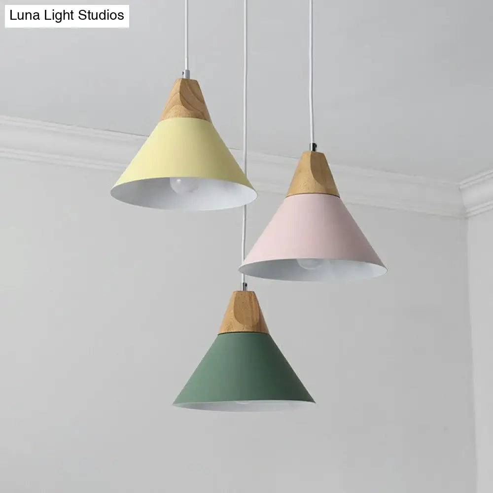 Nordic Style Hanging Pendant Light With Metallic Conical Shade - 3 Bulbs Wood Multi