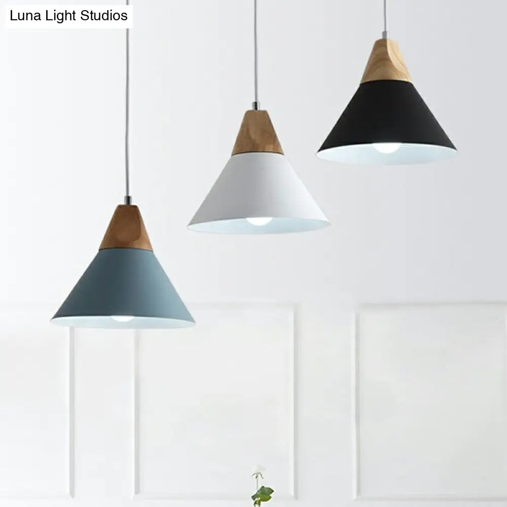 Nordic Style Hanging Pendant Light With Metallic Conical Shade - 3 Bulbs Wood Multi