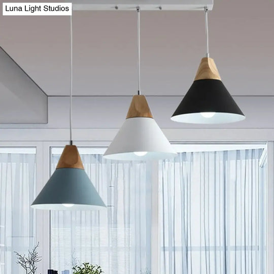 Nordic Style Hanging Pendant Light With Metallic Conical Shade - 3 Bulbs Wood Multi