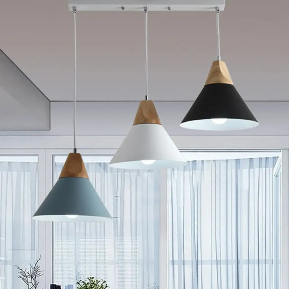 Nordic Style Hanging Pendant Light With Metallic Conical Shade - 3 Bulbs Wood Multi / Linear