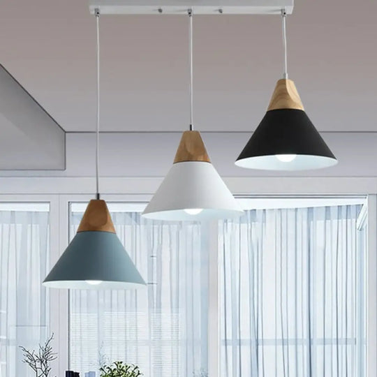 Nordic Style Hanging Pendant Light With Metallic Conical Shade - 3 Bulbs Wood Multi / Linear