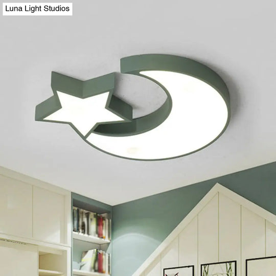 Nordic Style Led Flush Mount Ceiling Light With Crescent And Star Design Green / White