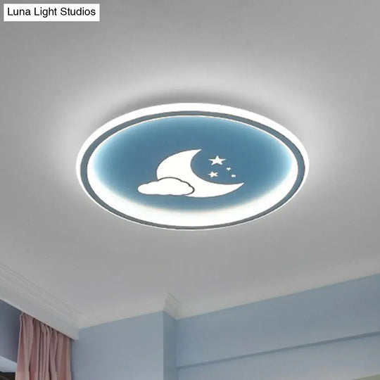 Nordic Style Led Flush Mount Ceiling Light With Star And Moon Pattern - Metallic Ring Shaped Blue /