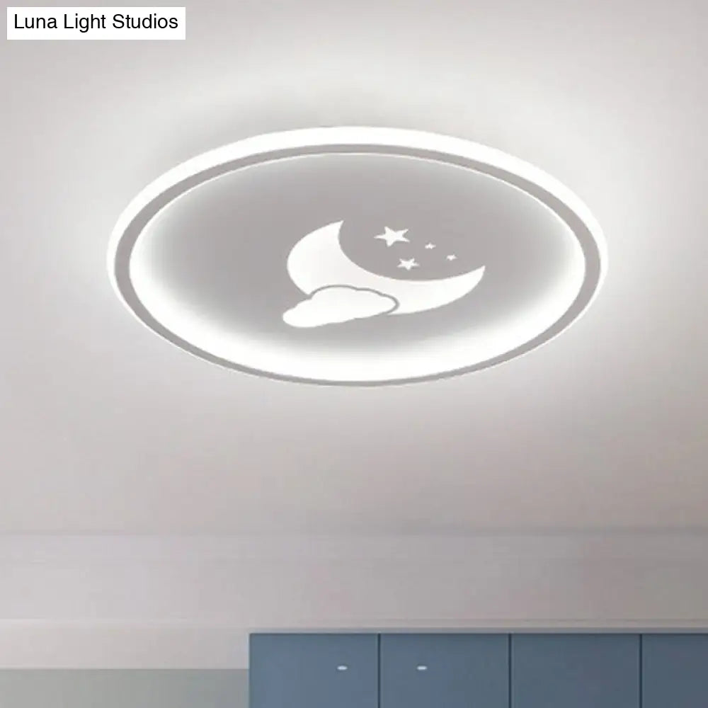 Nordic Style Led Flush Mount Ceiling Light With Star And Moon Pattern - Metallic Ring Shaped White /