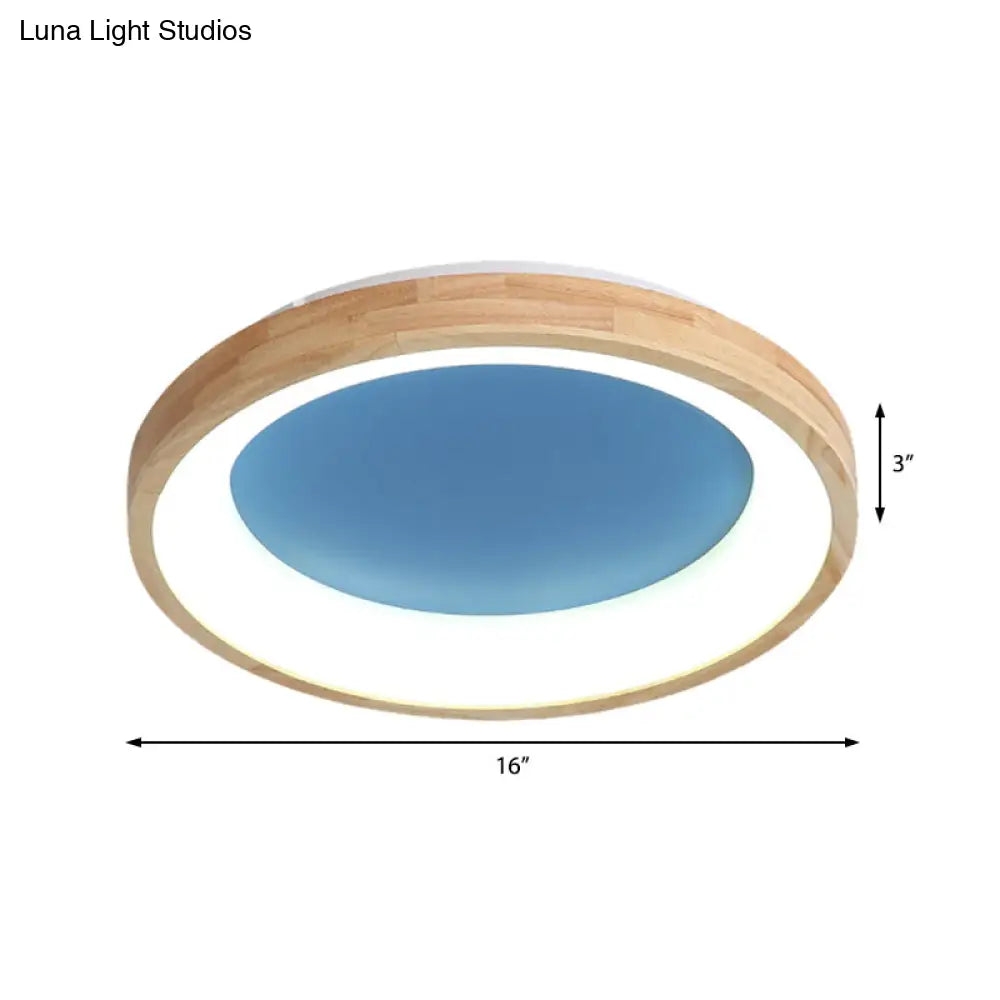 Nordic Style Led Flushmount Ceiling Light - Green/Blue Wood Circular Design 12/16/19.5 Width
