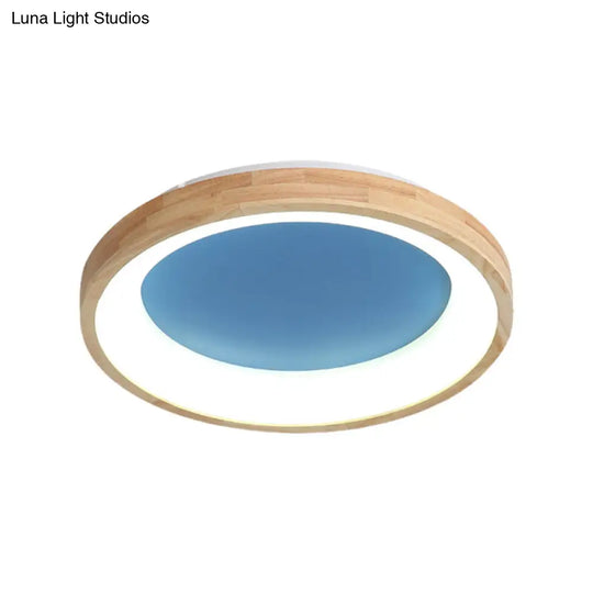 Nordic Style Led Flushmount Ceiling Light - Green/Blue Wood Circular Design 12/16/19.5 Width