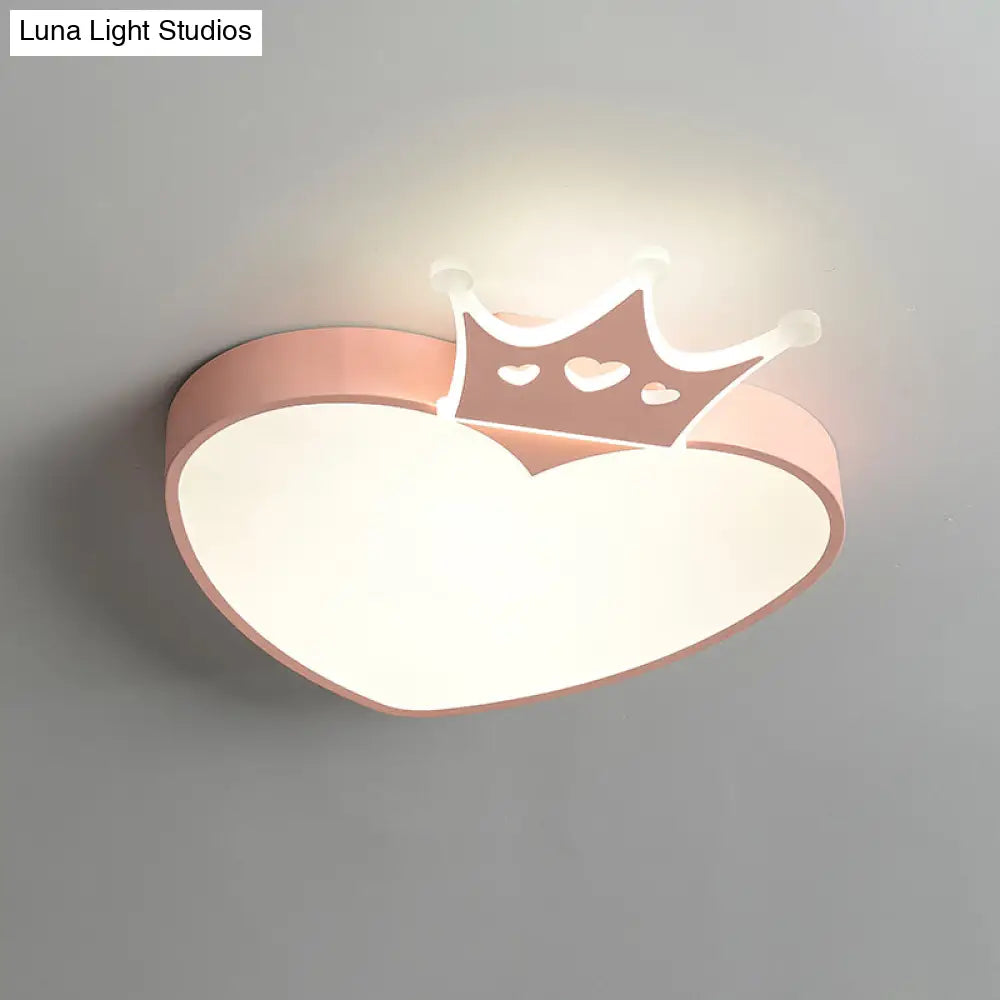 Nordic Style Led Loving Heart Flush Lamp With Crown Decor In Pink/Blue