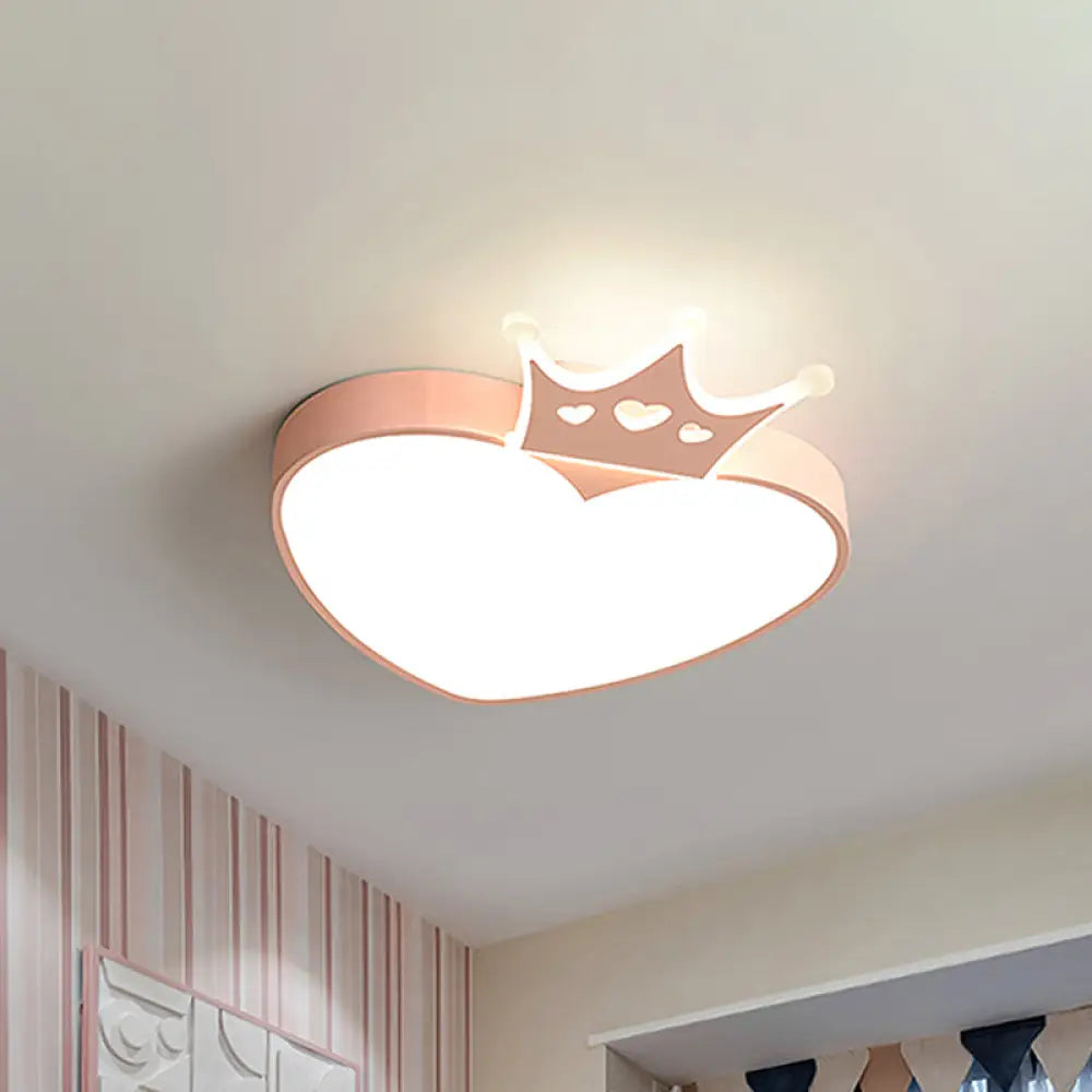Nordic Style Led Loving Heart Flush Lamp With Crown Decor In Pink/Blue Pink