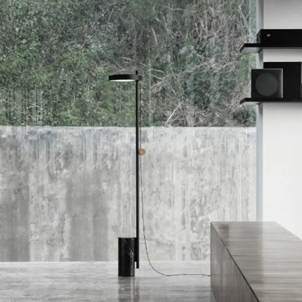 Nordic Style Marble Black Led Floor Lamp With Elongated Arm - Cylinder Base Standing Light