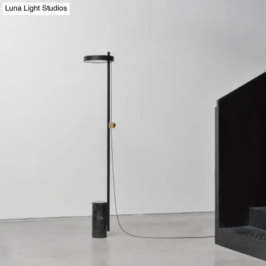 Nordic Style Marble Black Led Floor Lamp With Elongated Arm - Cylinder Base Standing Light