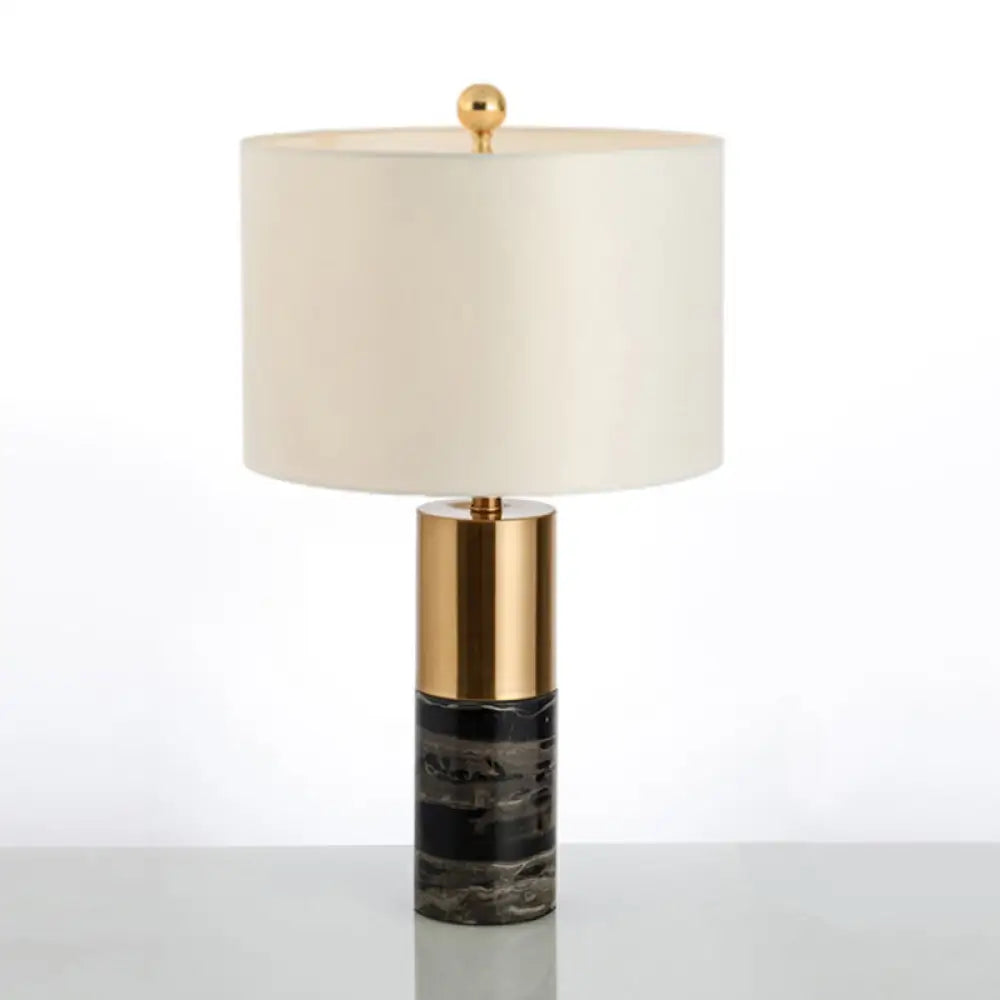 Nordic Style Marble Table Lamp With Fabric Shade - Cylindrical Design 1 Bulb Black Nightstand