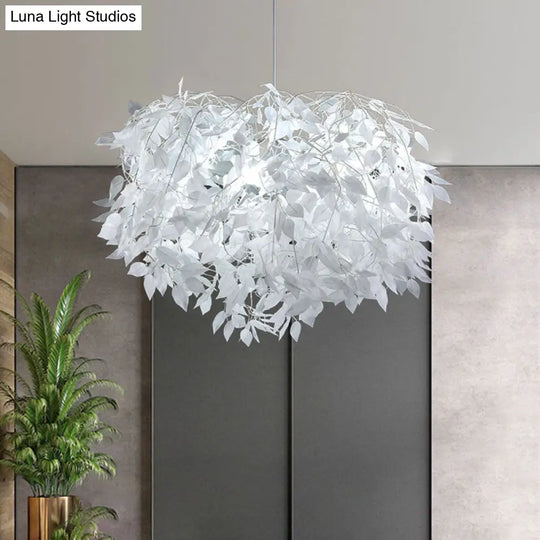 Nordic-Style Metal Ceiling Hang Fixture: Modern Single Pendant With Leaf Deco In White Finish