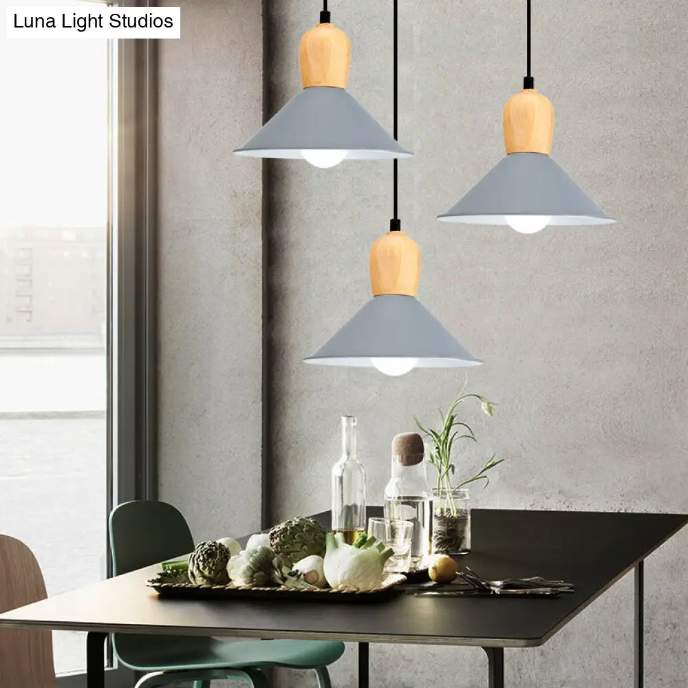 Metal Cone Pendant Light With Wooden Bulb Base - Nordic Style 1 Head Hanging For Office